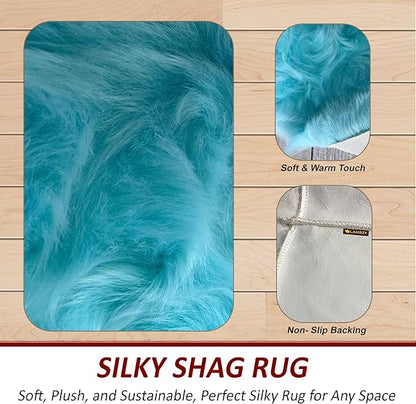 Free Shape Luxury Soft Fluffy Shag Area Rug Single 2’x3', 60x90cm - Vegan Fur Ultra Soft Indoor Carpet Nursery Rugs for Bedroom Home Decor, Blue