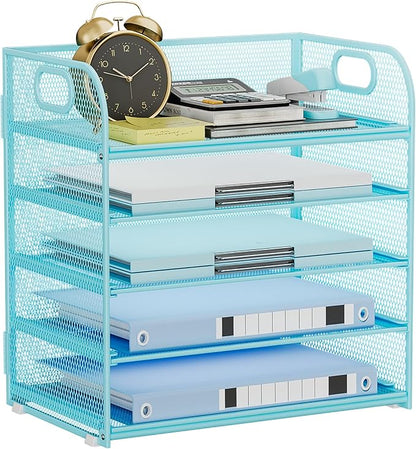 Paper Organizer Letter Tray with Handle Mesh 5-Tier Stackable Desk Organizer for Files/Paper/Office Supplies, Sturdy Carbon Steel Desk Organizer for Home Office & Classroom