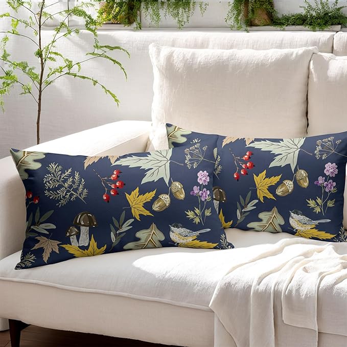 Bird Fall Lumbar Pillow Covers 12x20 Set of 2 Navy Autumn Leaf Animal Print Pillow Cases Mushroom Acorns Outdoor Decorative Holiday Cushion Cover Rustic Decoration Farmhouse Home Sofa Couch Bed Decor