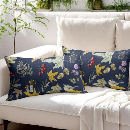 Bird Fall Lumbar Pillow Covers 12x20 Set of 2 Navy Autumn Leaf Animal Print Pillow Cases Mushroom Acorns Outdoor Decorative Holiday Cushion Cover Rustic Decoration Farmhouse Home Sofa Couch Bed Decor