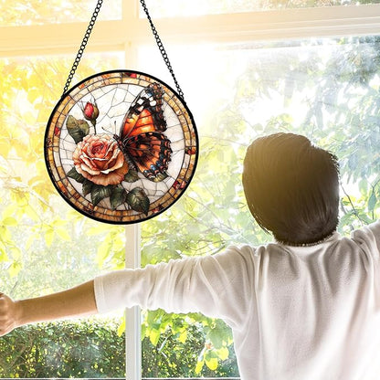 DASTOLL Stained Glass Window Hanging, Butterfly Picking Flowers Suncatcher for Doors Home Sun Catchers Decoration and Christmas, Mother's Day Birthday Gifts for Women, Men, and Mom 11.8x11.8 in