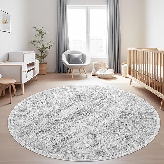 8x8 Grey Round Rug 8ft Living Room Circle Rug Vintage Round Area Rug Non Slip Indoor Carpet for Apartment