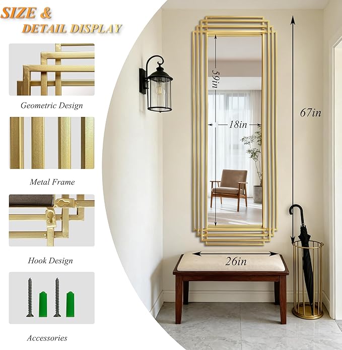 Large Geometric Wall Mirror, 67"x26" Modern Rectangle Full Length Mirror with Gold Metal Frame, Elegant Art Deco Mirror for Living Room Entryway Hallway, Hangs Vertically or Horizontally
