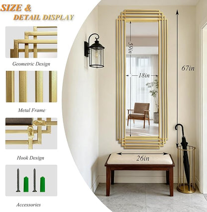 Large Geometric Wall Mirror, 67"x26" Modern Rectangle Full Length Mirror with Gold Metal Frame, Elegant Art Deco Mirror for Living Room Entryway Hallway, Hangs Vertically or Horizontally