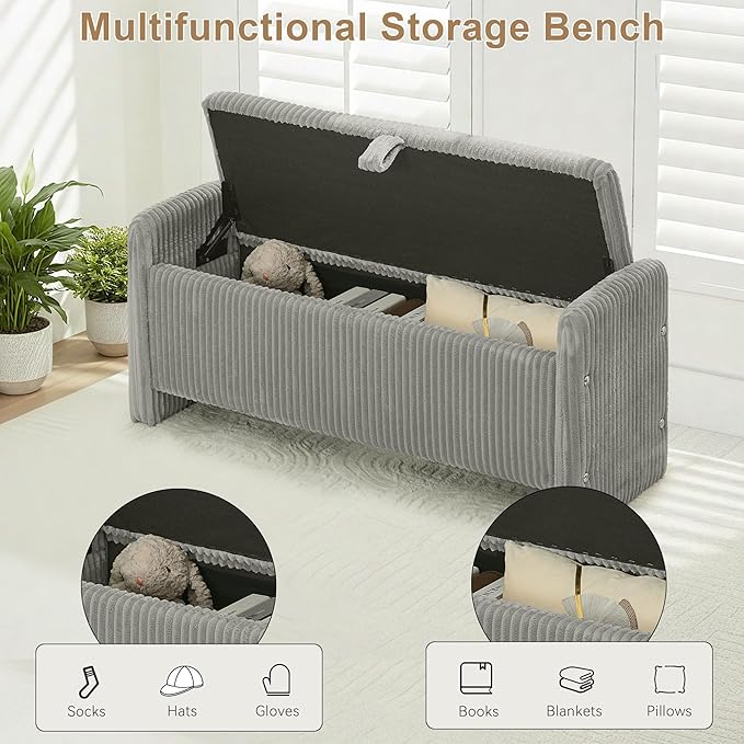 44" Storage Ottoman Bench, Upholstered End of Bed Storage Benches, Rectangle Ottoman with Storage for Bedroom, Entryway, Corduroy Grey
