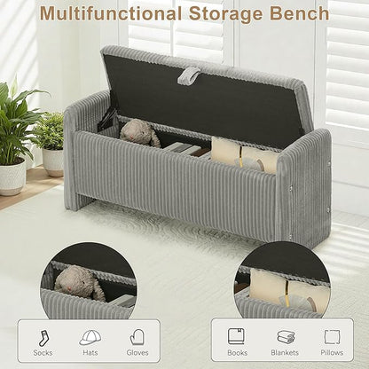 44" Storage Ottoman Bench, Upholstered End of Bed Storage Benches, Rectangle Ottoman with Storage for Bedroom, Entryway, Corduroy Grey