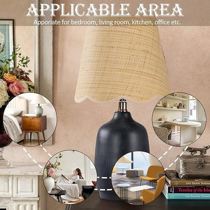 Pia Ricco 19" Modern Ceramic Table Lamp for Living Room Cream Base Desk Lamps for Bedroom Farmhouse Bedside Nightstand Lamp End Table Lamps,Black,Rattan Shade