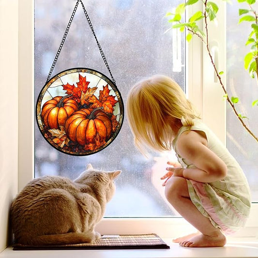 DASTOLL Stained Glass Window Hanging, Pumpkin Maple Leaf Suncatcher for Doors Home Sun Catchers Decoration and Christmas, Mother's Day Birthday Gifts for Women, Men, and Mom 11.8x11.8 in