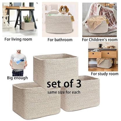 COMFY-HOMI 3Pack Small Woven Cotton Rope Basket for Organizing, Gift Baskets for Handles, Empty Gift Baskets, Medium Rope Basket|13.5" x 11" x 9.5" home decor for Living Room, Bathroom