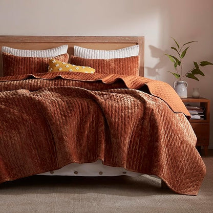 LEAONME Oversized King Quilt 120''x120'', Lightweight Burnt Orange Velvet Comforter Set with 2 Matching Shams, Soft Cross Stitch Bedspread Coverlet, Oversized King Bedding Set for All Season