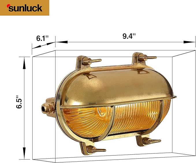 Sunluck Brass Nautical Bulkhead Light,Grid Oval Wall Light,Brass Half Cover Lampshade,Ceiling Mount Light,Waterproof IP65,Rust Resistant,for Wet Location Bath,Seaside,Ship,Basement