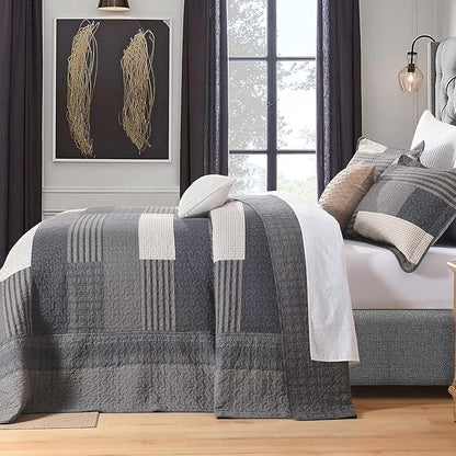 100% Cotton 128"x120" Oversized Quilt Bedspread, Plaid Pattern California King Extra Large Quilt Bedding Set, Cal King XL Bed Spread Lightweight Comforter, Gray, 3Pcs