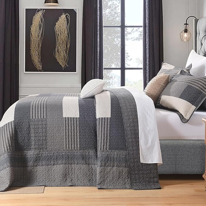 100% Cotton 120"x102" Oversized Quilt Bedspread, Plaid Pattern Oversized Queen Extra Large Quilt Bedding Set, XL Bed Spread Lightweight Comforter, Gray, 3Pcs