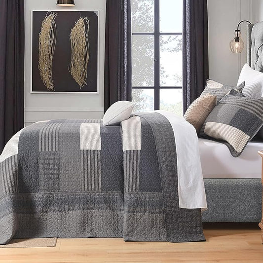 100% Cotton 120"x102" Oversized Quilt Bedspread, Plaid Pattern Oversized Queen Extra Large Quilt Bedding Set, XL Bed Spread Lightweight Comforter, Gray, 3Pcs