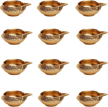 AVADOR Handmade Brass Indian Puja Oil Lamp, Golden Diya Lamp Engraved Design Diya for Diwali Pooja 2.5 Inch (12)