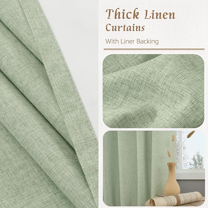 LAMIT Natural 100% Blackout Linen Curtains, 45 Inches Linen Textured Thermal Bedroom Curtains Back Tab and Rod Pocket Neutral Panels with White Liner for Farmhouse, 2 Panels, 38 x 45 Inch, Light Green