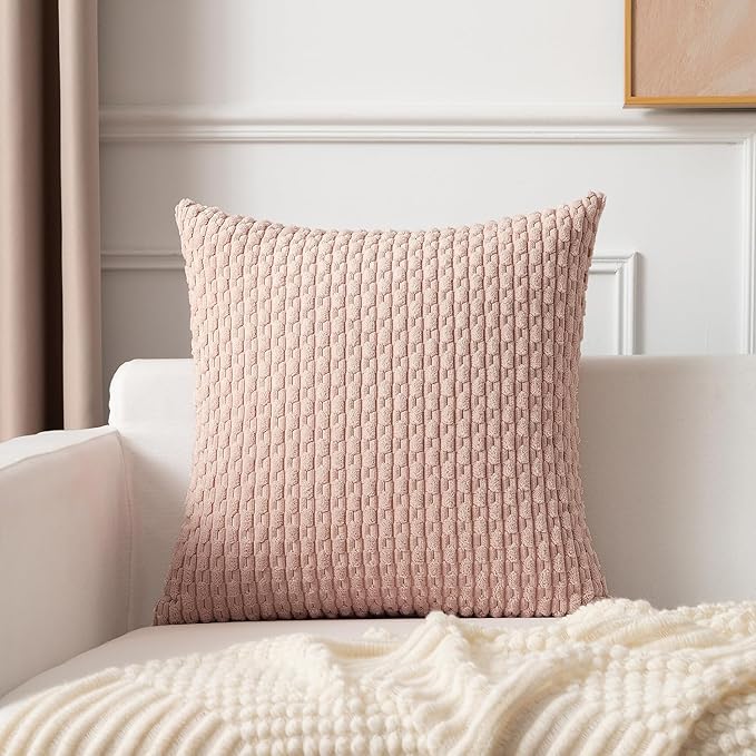 Kevin Textile 2 Packs Light Pink Decorative Throw Pillow Covers 16x16 Inch for Living Room Couch Bed Sofa Valentines Day Gifts Soft Striped Corduroy Square Cushion Case Farmhouse Boho Home Decor