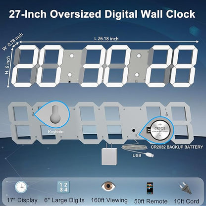 Large Digital Wall Clock 27" with Remote Control,3D Led Clock Adjustable Brightness Timer 12/24 Hr Time/Date/Temperature for Living Room/Office/Restaurant