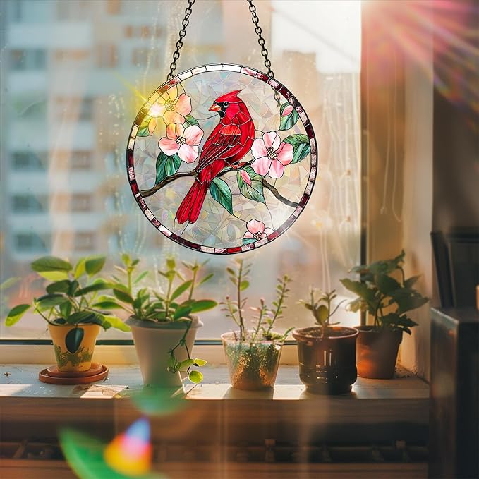 Bimkole Red Bird Sun Catchers Indoor Window - Flowers Acrylic Suncatcher Hanging Decoration for Living Room Bedroom Summer Home Balcony Outdoor Garden Ornaments Decoration 7.8x7.8 Inch