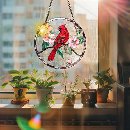 Bimkole Red Bird Sun Catchers Indoor Window - Flowers Acrylic Suncatcher Hanging Decoration for Living Room Bedroom Summer Home Balcony Outdoor Garden Ornaments Decoration 7.8x7.8 Inch