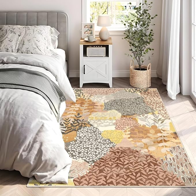 DEXDE Fall Washable Area Rug 3x5 for Living Room, Tropical Vintage Leaf Floral Rugs Non Slip Soft Kids Room,Abstract Small Boho Carpet for Bedroom, Entryway, Kitchen, Office Dining Room,Camel