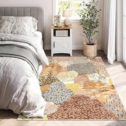 DEXDE Fall Washable Area Rug 3x5 for Living Room, Tropical Vintage Leaf Floral Rugs Non Slip Soft Kids Room,Abstract Small Boho Carpet for Bedroom, Entryway, Kitchen, Office Dining Room,Camel