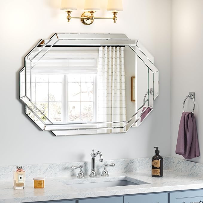 Octagonal Frameless Wall Mirror, 24'L x 35'W, Modern Bathroom Mirror with Beveled Edges