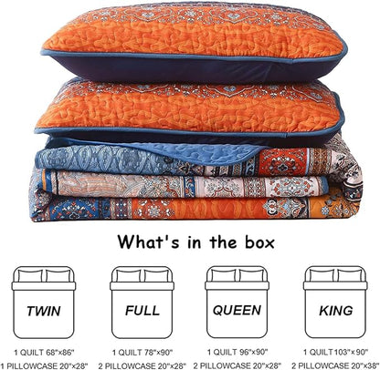WONGS BEDDING Boho Fall Quilt Full Size, 3 Pieces Orange Blue Bohemian Lightweight Microfiber Bed Decor Bedspread for All Season 78"x90" (Blue Orange, Full)