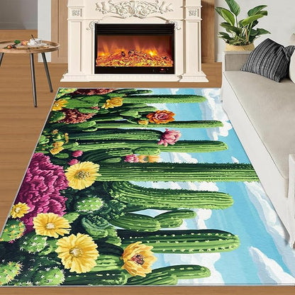 Cactus Living Room Rugs, Desert Oasis Area Rugs 4x5 Rug Succulents Non-Slip Washable Rugs Stain Resistant Rug Low-Pile Throw Rug for Bedroom Dining Room Office