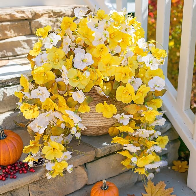 HyeFlora Hibiscus Fall Flowers Artificial Hanging Flowers Plants for Outdoors Autumn Decoration, 2pcs Silk Hibiscus Vines Realistic UV Resistant Faux Flowers for Outside Planters Yard Garden Home, Mix