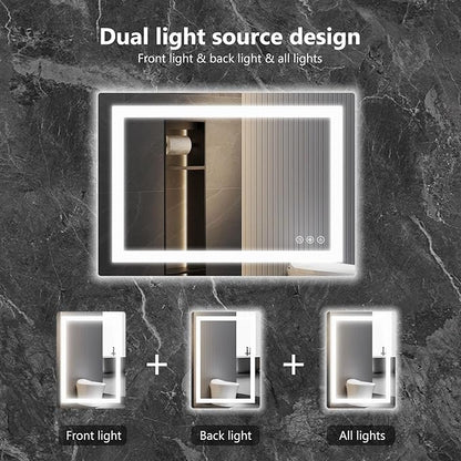 Sweetcrispy 24.1"x36.1" Smart Anti-Fog LED Bathroom Mirror with Front Light & Backlit, 3 Color Temperatures, Dimmable, Memory Function, Rectangle Modern Vanity Mirror