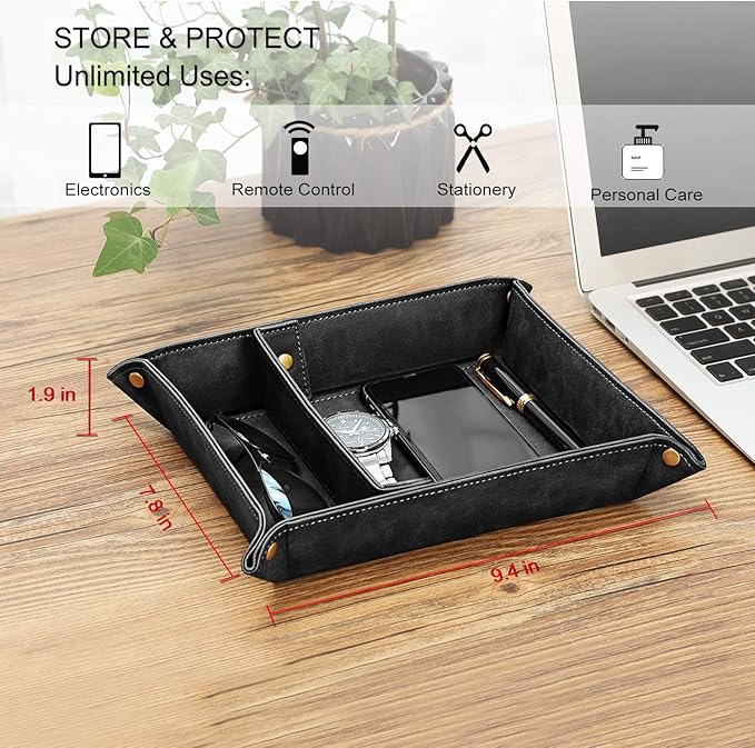 SITHON Valet Tray Desktop Storage Organizer, Removable 2 Compartments Catchall Tray Bedside Vanity Nightstand Caddy Holder Desk Storage Plate, Black