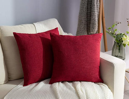 Stellhome Christmas Decorative Burlap Throw Pillow Covers Square Solid Farmhouse Decorative Linen Cushion Covers for Bed Couch Sofa Bench, 26 x 26 inch (65 cm), Red, Set of 2