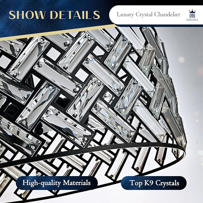 Black Crystal Chandelier, 18" Large Drum Ceiling Light, Modern 6-Light Crystal Pendant Lighting, Convertible Semi Flush Mount Hanging Fixture for Dining Room, Living Room, Bedroom, Kitchen, Hallway