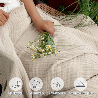 PHF Cooling Muslin Blanket Twin Size 60"x80", 6-Layer Lightweight Gauze Blanket Made from 35% Rayon Derived from Bamboo & 65% Cotton, Breathable & Ultra Soft Cozy for Hot Sleepers, French Oak