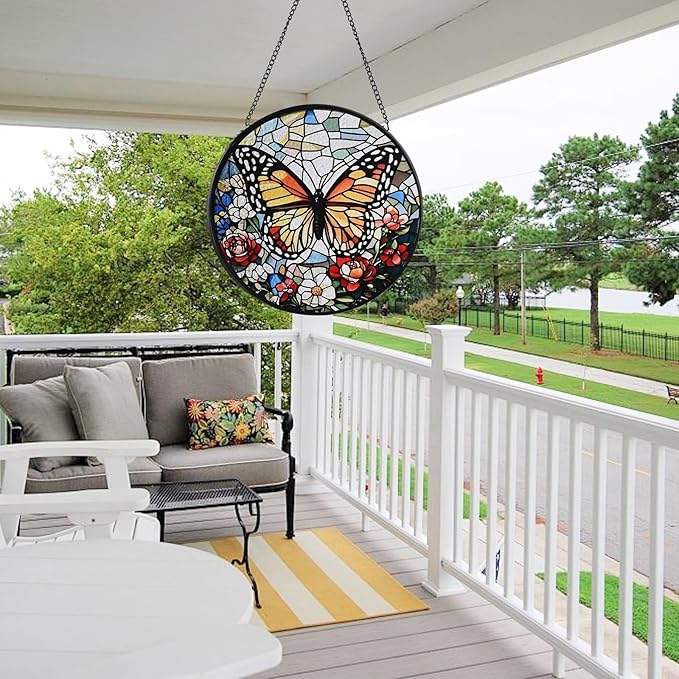 Butterfly Stained Glass Window Hanging, 7.8" Round Sun Catcher Hand Painted Wall Art Decor with Chain, Unique Housewarming Gifts for Couples, Home