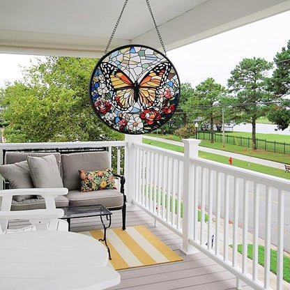 Butterfly Stained Glass Window Hanging, 7.8" Round Sun Catcher Hand Painted Wall Art Decor with Chain, Unique Housewarming Gifts for Couples, Home