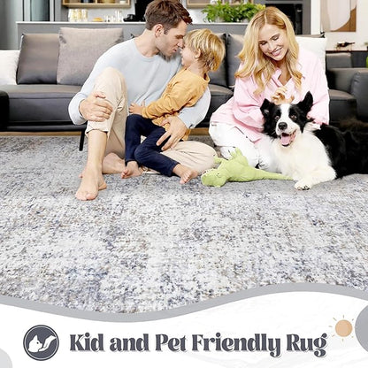 5x7 Area Rugs for Living Room, Washable Modern Abstract Large Area Rug Neutral Soft Non Slip Kids Rug Stain Resistant Indoor Carpet for Bedroom Nursery Dining Room Home Office(Blue Grey, 5'x7')
