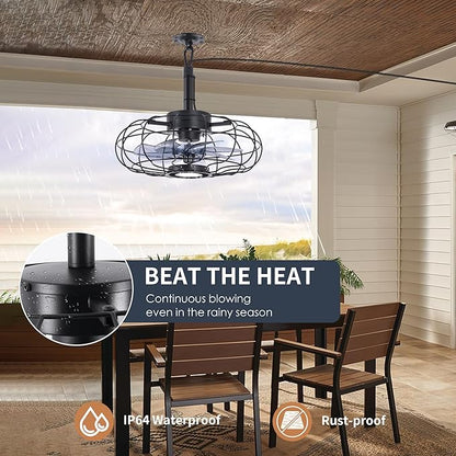 15" Outdoor Ceiling Fan with Light, with Remote and App Remote, IP65 Waterproof Gazebo Hanging Fan, 3CCT Dimmable, Portable Plug in Ceiling Fan with Cord Hook for Patio Porch Pergola Indoor(Black)