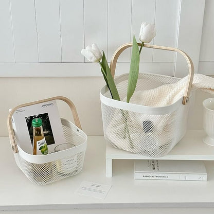 Metal Mesh Wire Basket, Mini Steel Basket with Wooden Handle Storage Organizer Basket Multi-functional Hanging Kitchen Baskets Fruit Baskets for Kitchen Bathroom Cabinet Pantry Snacks, White