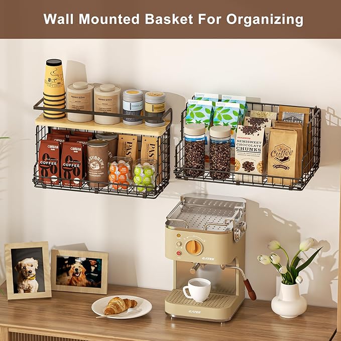 X-cosrack 3-Tier Stackable Snack Organizer with Pine Wood Top-Trapezoid Metal Wire Basket, Countertop & Wall Mounted Snack Holder for Kitchen Pantry Cabinet, Muti-functional Food Fruit Stoarge, Black