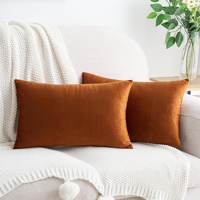 HWY 50 Burnt Orange Velvet Rectangular Throw Pillow Covers 12x20 Inch, Pack of 2 Soft Cozy Solid Decorative Luxury Fall Cushion Cases for Couch Sofa Bed Living Room Bedroom