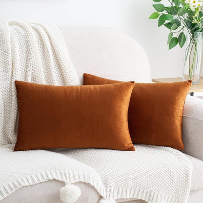 HWY 50 Burnt Orange Velvet Rectangular Throw Pillow Covers 12x20 Inch, Pack of 2 Soft Cozy Solid Decorative Luxury Fall Cushion Cases for Couch Sofa Bed Living Room Bedroom