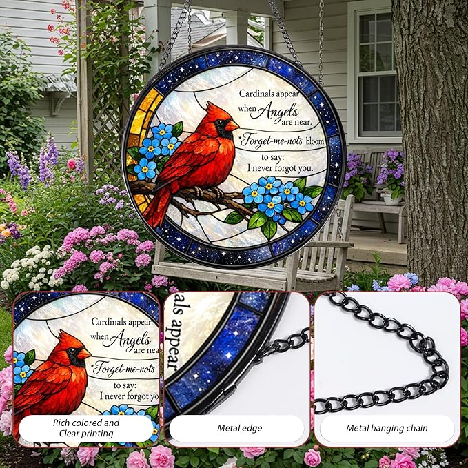 Rngmsi Cardinal Stained Glass Window Hanging, 7.8″ Sun Catchers Art Cardinal Decor Indoor Window, Decorative Suncatchers Hanging Ornaments Home Garden Gift for Housewarming Festival