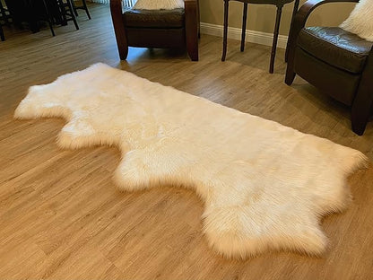 LAMBZY Faux Sheepskin Super Soft Hypoallergenic Silky Shag Rug for Living Room, Kids Room, Sofa (Quarto 4 Pelts Side by Side 3'x8', Cream)