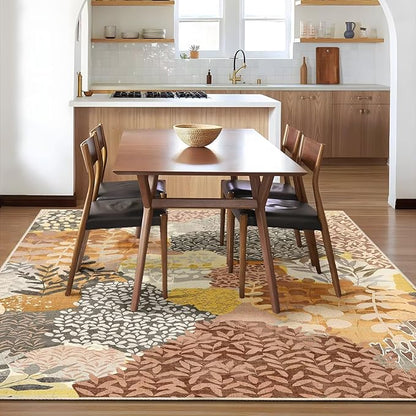DEXDE 5x7 Area Rugs, Washable Non-Slip Abstract Boho Soft Rug for Living Room Bedroom,Leaves Floral Print Large Carpet for Entryway, Kids Playroom, Office,Camel