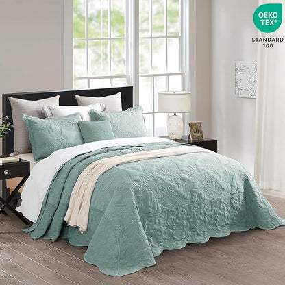 HZ & HY Queen Size Bedspread, Quilted Coverlet Bedding Set, Lightweight Thin Comforter, Reversible, Luxurious, 5 Piece, 100% Microfiber, Queen, Aqua Sky