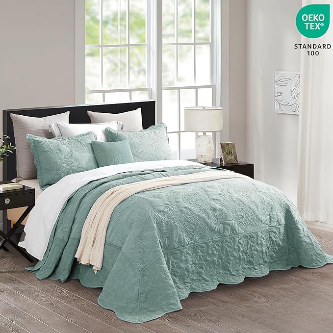 HZ & HY Oversized King Bedspread, Quilted Coverlet Bedding Set, Lightweight Thin Comforter, Reversible, Luxurious, 5 Piece, 100% Microfiber, Aqua Sky