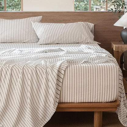 MooMee Striped Sheet Set 100% Washed Cotton Linen Like Textured Breathable Durable Soft Comfy (White Dark Grey Wide Stripes, Queen)