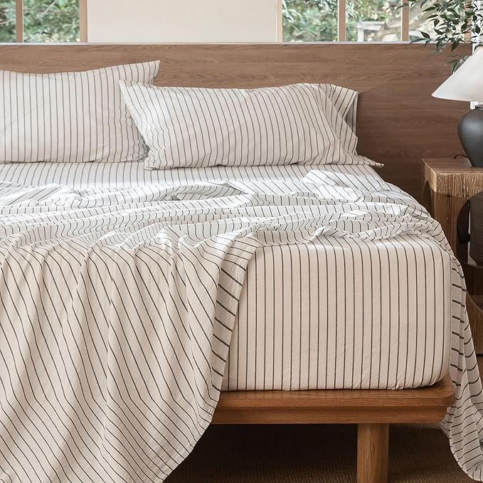 MooMee Striped Sheet Set 100% Washed Cotton Linen Like Textured Breathable Durable Soft Comfy (White Dark Grey Wide Stripes, King)